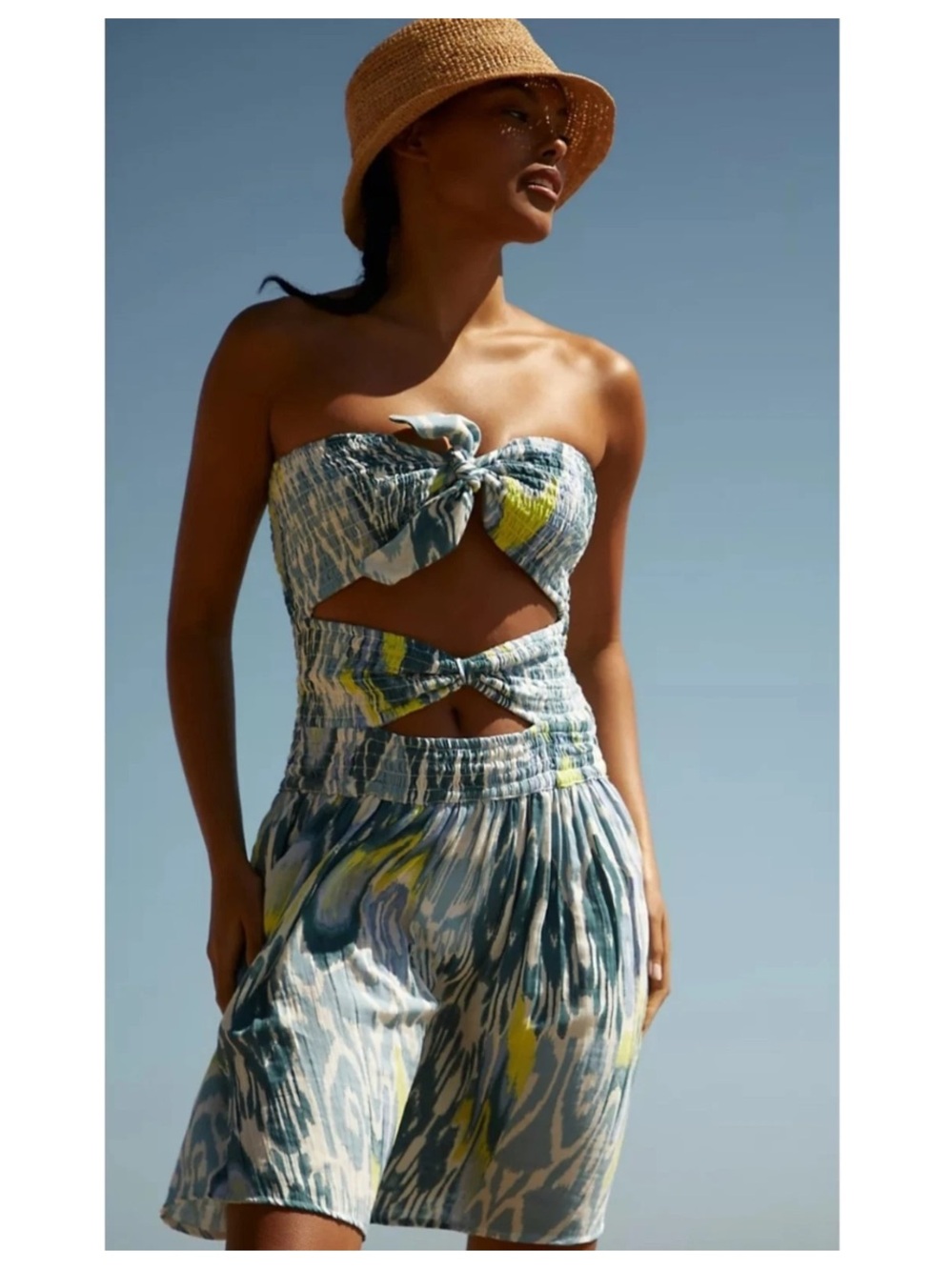 Anthropologie Strapless Smocked Dress in Blue, Yellow & White Reversible